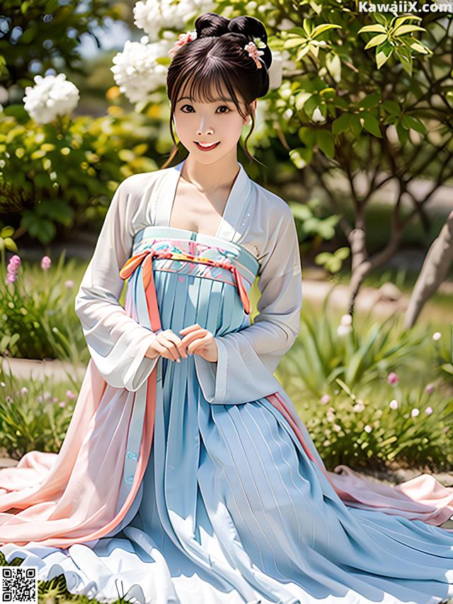 A woman in a blue and pink dress sitting in the grass.