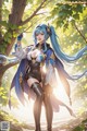 A woman with long blue hair standing in the woods.