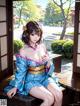 A woman in a blue kimono sitting on a wooden bench.