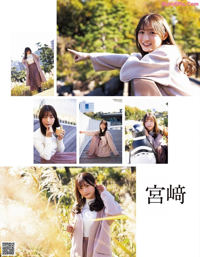 A collage of photos of a woman in a pink coat.