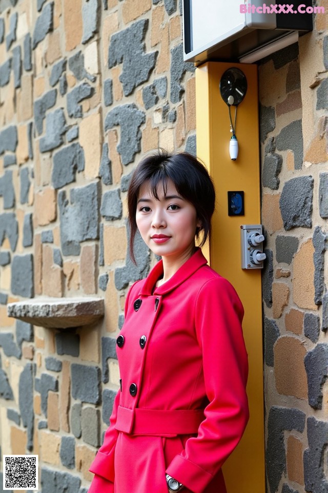 A woman in a red coat leaning against a stone wall.