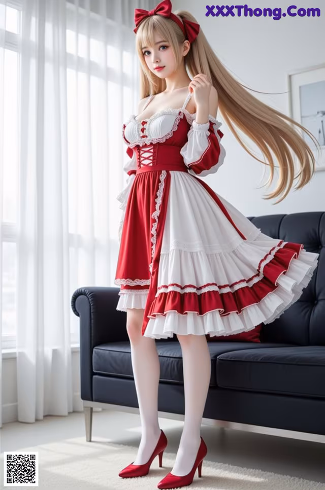 a woman in a red and white dress posing for a picture