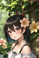 A girl with long black hair and a flower in her hair.