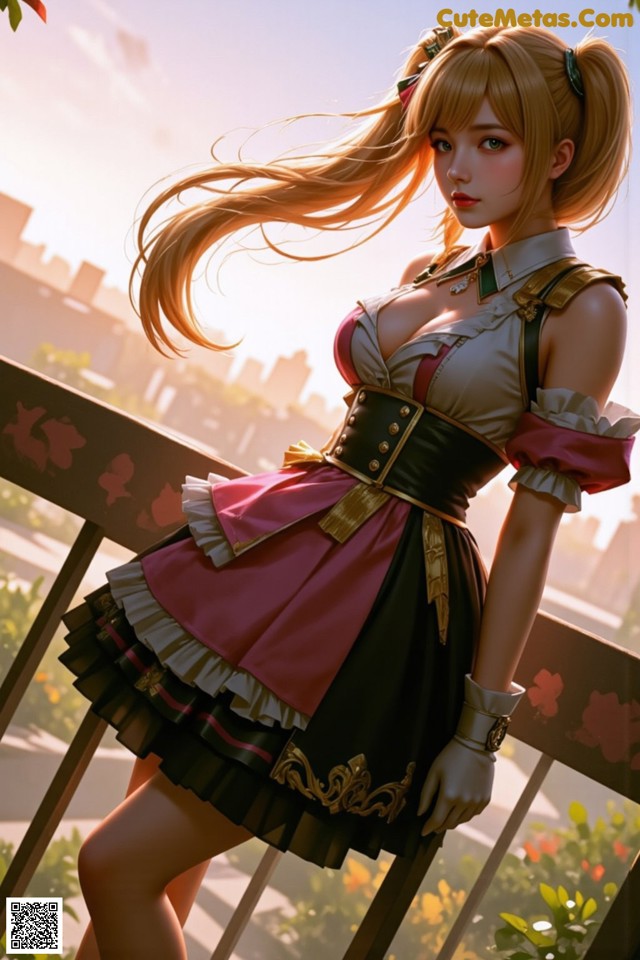 A woman in a pink and black dress standing on a balcony.