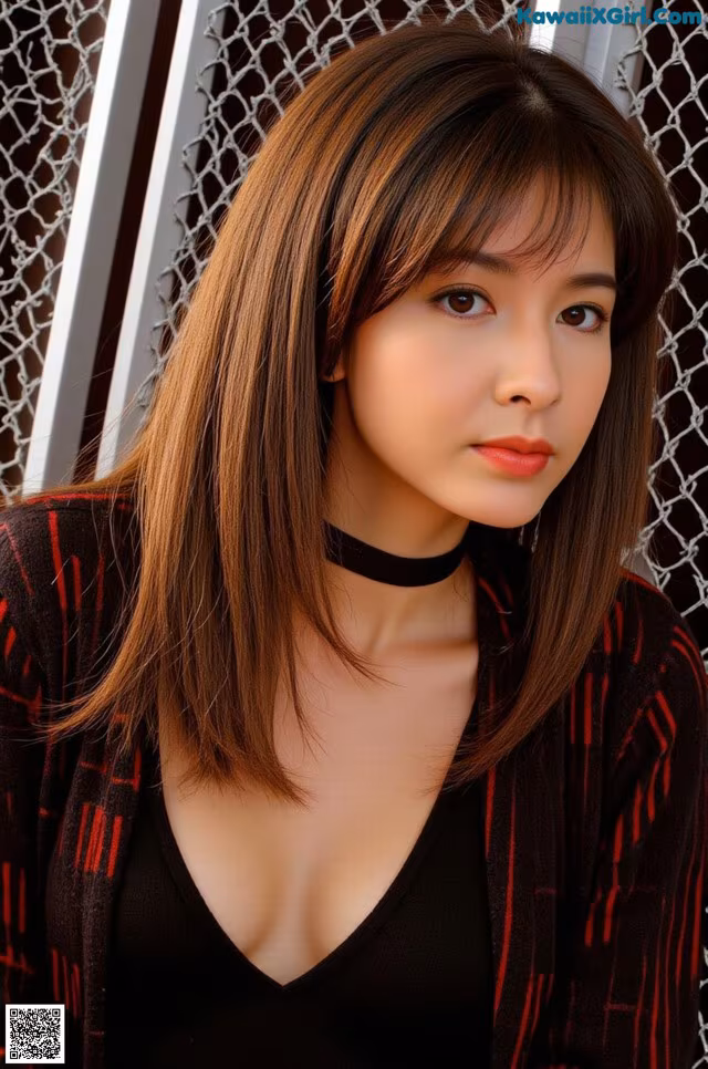 A woman with long brown hair wearing a black top.