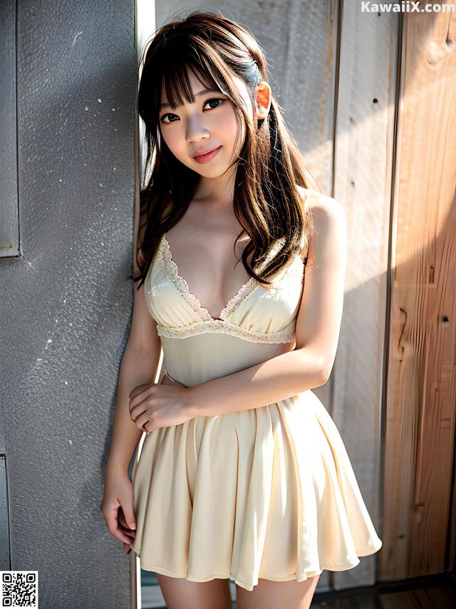 A woman in a yellow dress posing for a picture.