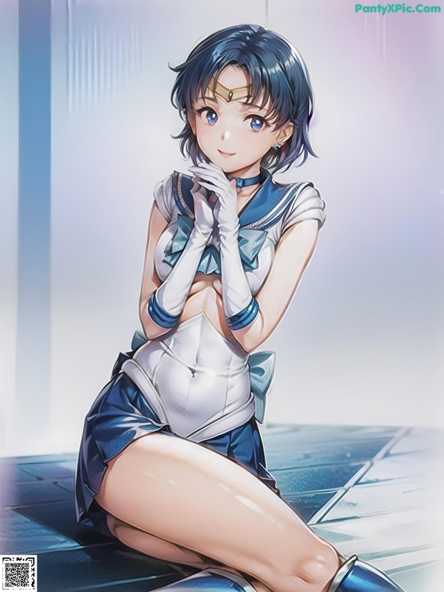 A girl in a sailor outfit sitting on the floor.