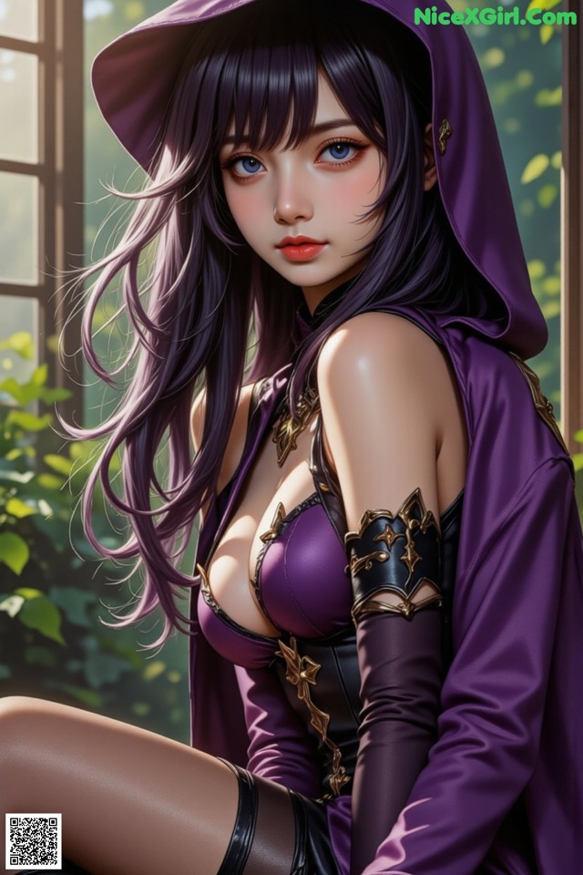 A woman in a purple hooded outfit sitting on a window sill.